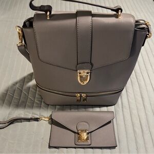 K. Carrol Chic Grey Vegan Leather Satchel Handbag with Gold Accents